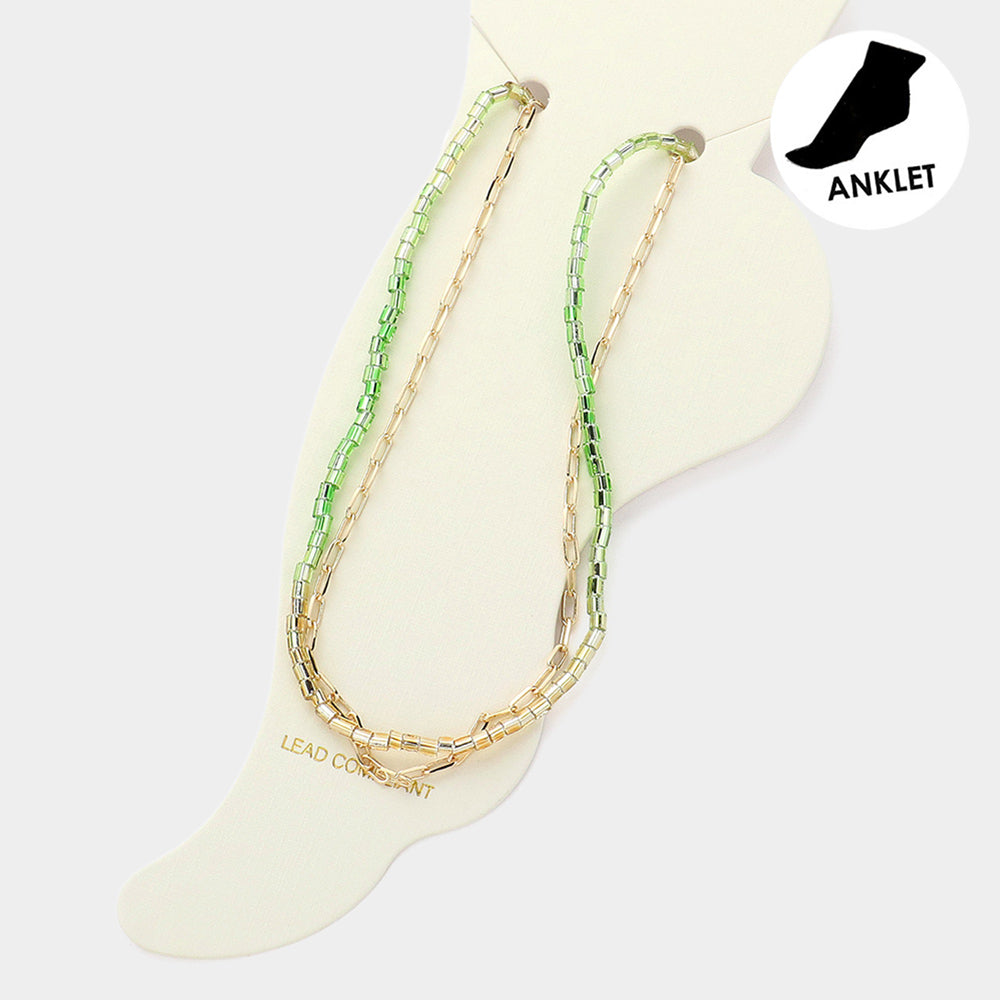 Paperclip Chain Square Tube Beaded Layered Anklet