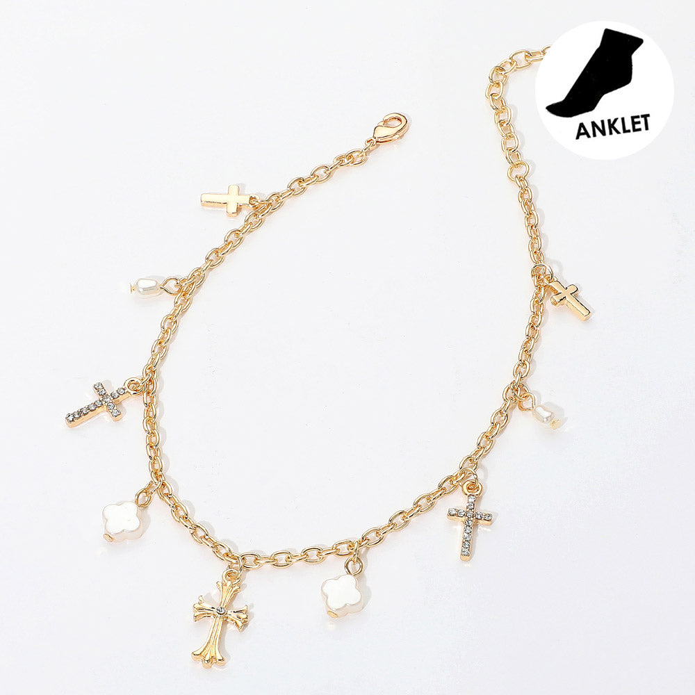 Cross Pearl Quatrefoil Charm Station Anklet