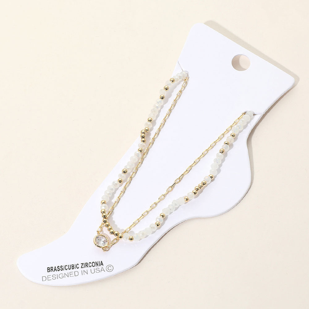 CZ Stone Bezel Accent Paperclip Chain Faceted Beaded Layered Anklet
