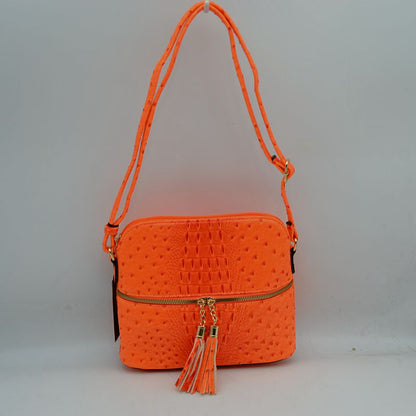 Ostrich-Embossed Dome Crossbody Bag with Dual Tassel Zippers