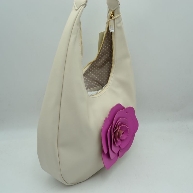 Slouchy Hobo Shoulder Bag with Dimensional Rose Applique