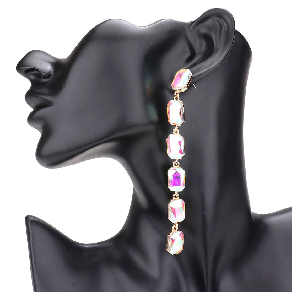 Emerald Cut Stone Link Dangle Evening Earrings