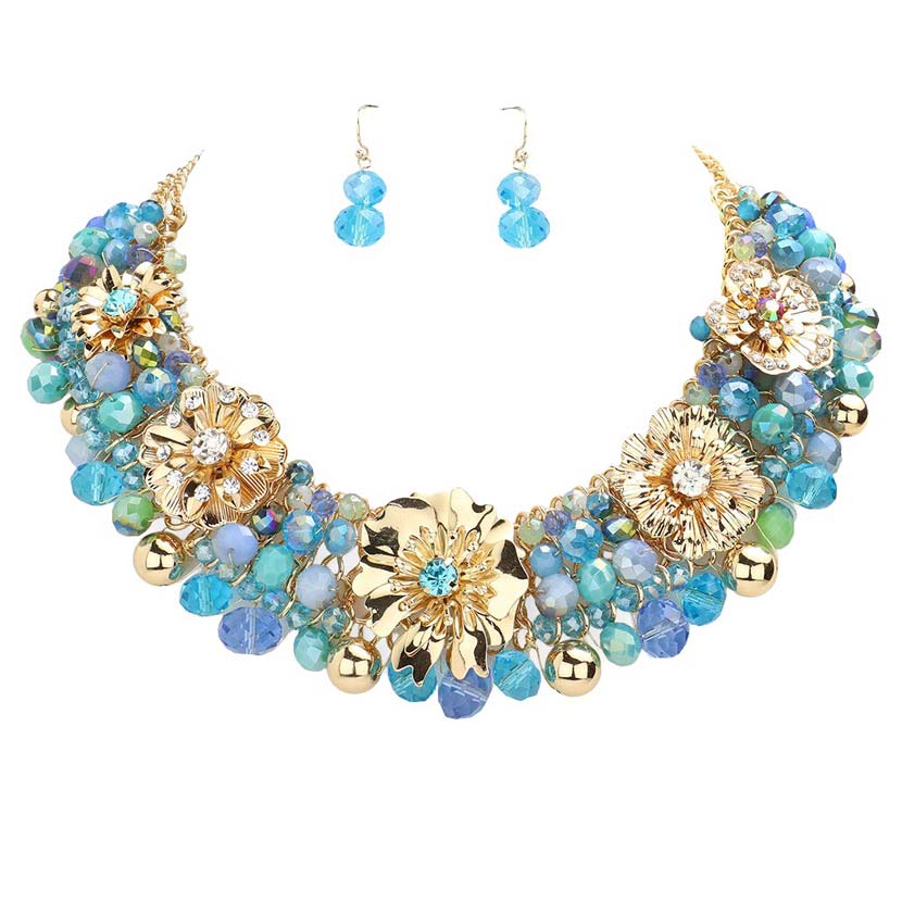 Metal Flower Accented Beaded Collar Necklace