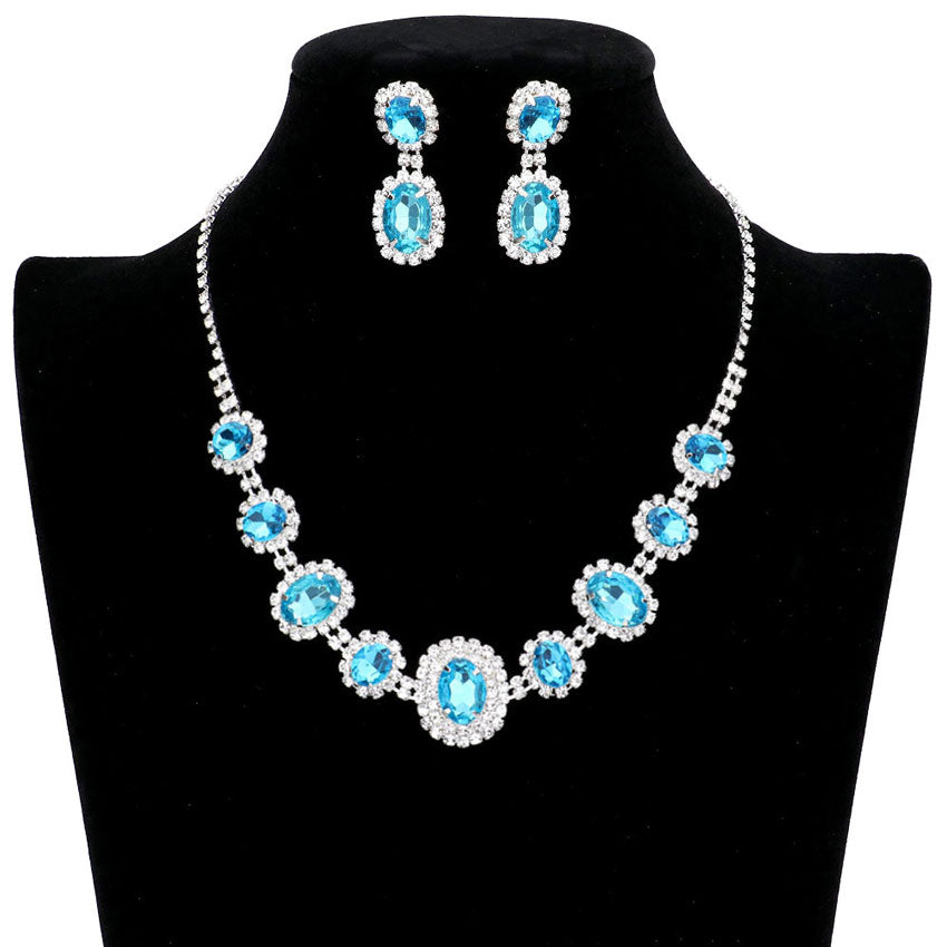 Oval Stone Accented Rhinestone Trimmed Necklace