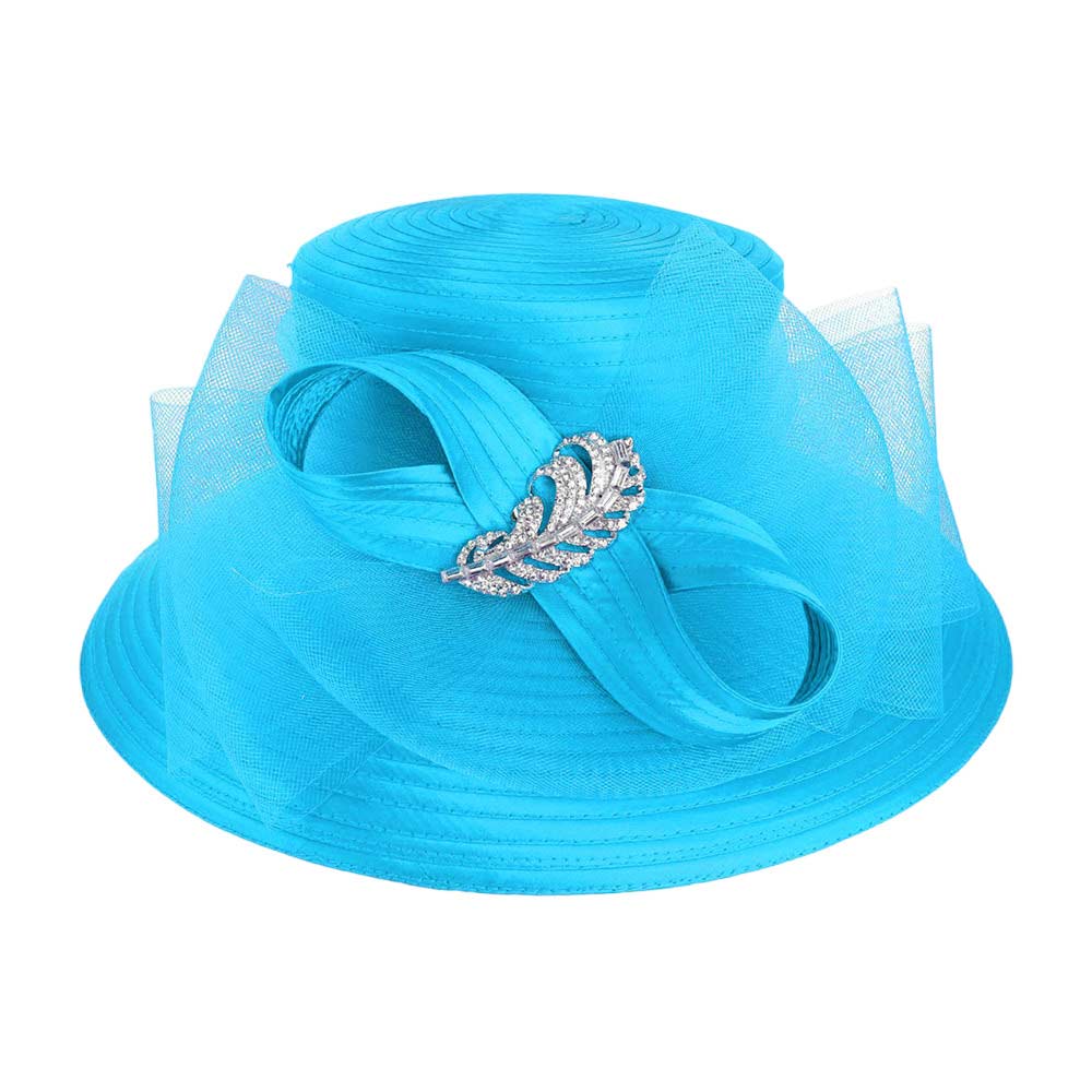 Rhinestone Embellished Feather Accented Mesh Bow Dressy Hat