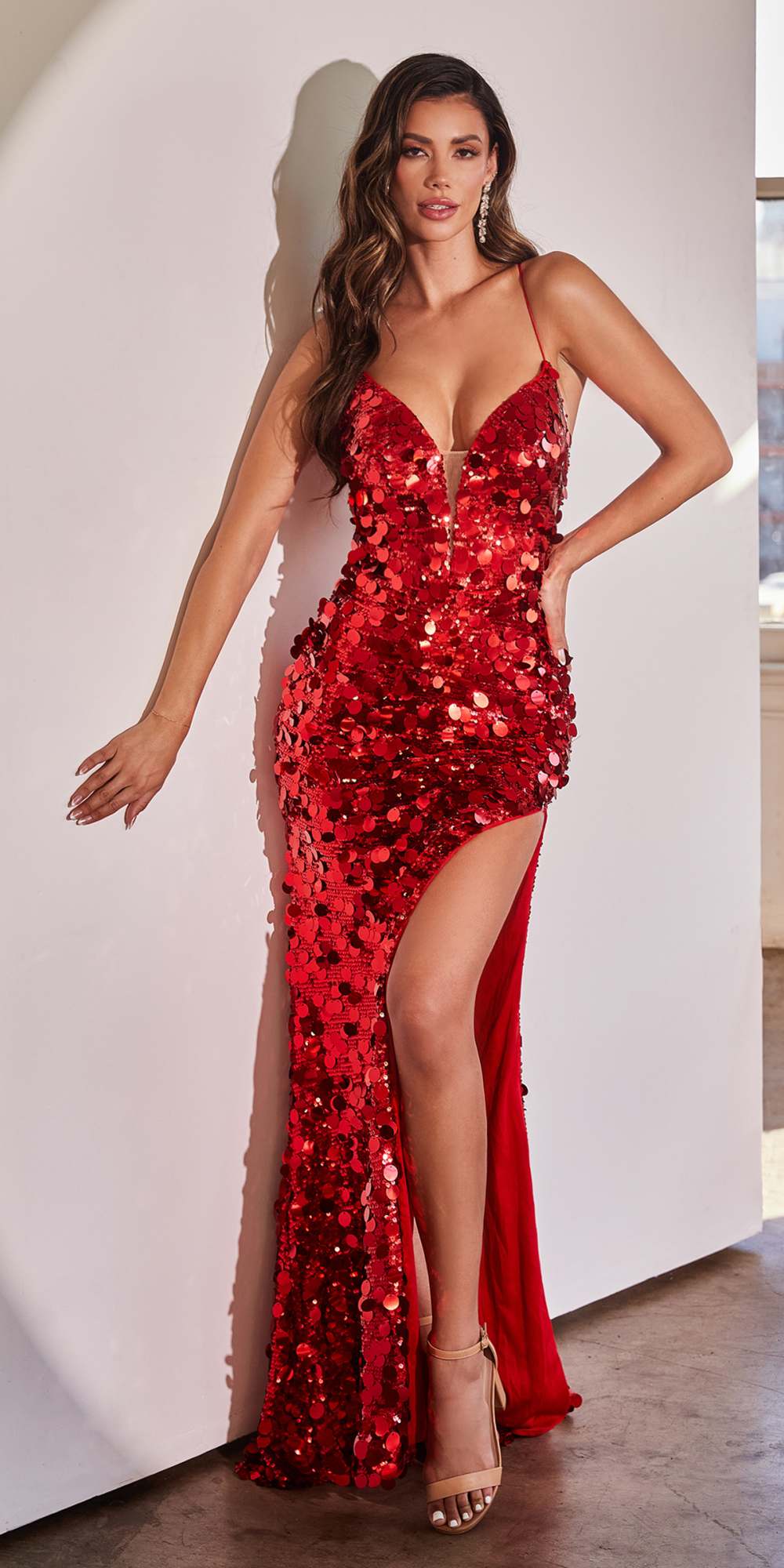 Cinderella Divine B1141 - Atuendo largo hasta el suelo, sexy, escote en V, paillettes, ajustado, con abertura lateral