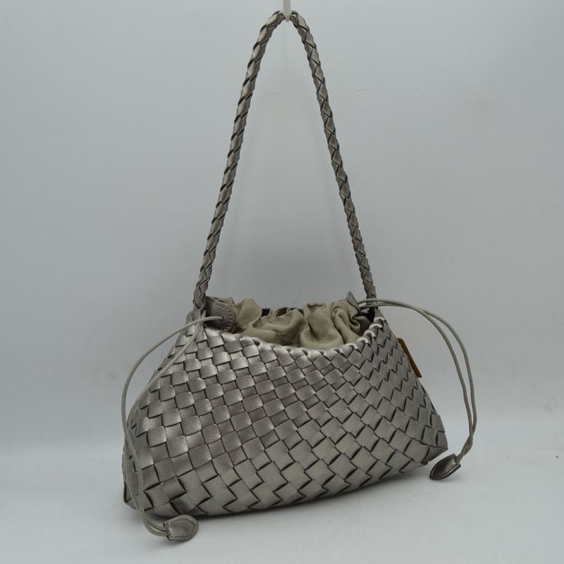 Woven Pouch Shoulder Bag with Braided Strap and Drawstring Closure