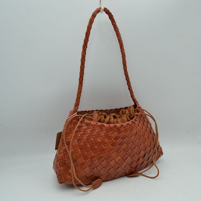 Woven Pouch Shoulder Bag with Braided Strap and Drawstring Closure