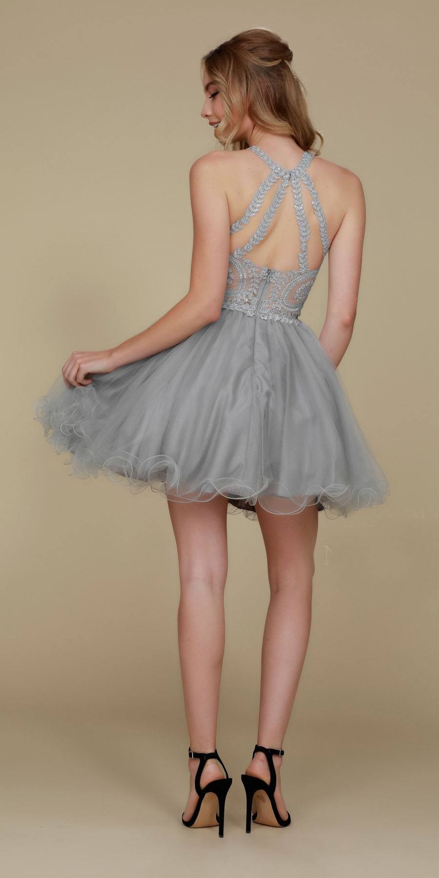 LIQUIDACIÓN - Vestido corto Nox Anabel B652 con falda de tul acampanada (Talla Pequeña)