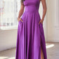 Ladivine B8402 Long Square Neck Pockets Satin A-Line Gown