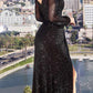 Ladivine B8422 Long Sleeve V-Neckline Leg Slit Sequin Gown
