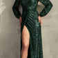 Ladivine B8422 Long Sleeve V-Neckline Leg Slit Sequin Gown