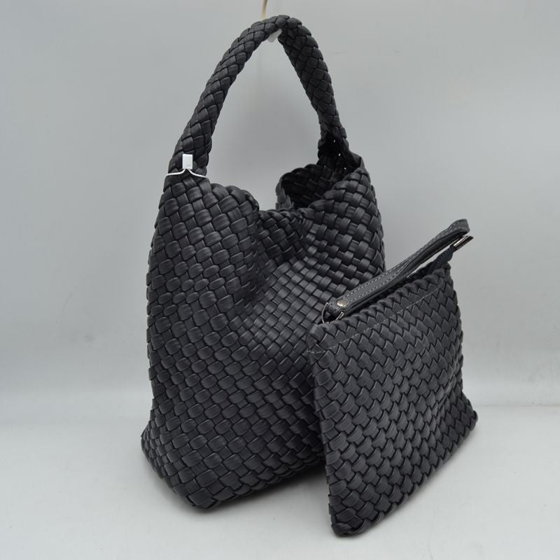Woven Hobo Bag with Integrated Top Handle and Matching Pouch