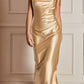 Cinderella Divine BD103 Satin Midi Length Dress High Side Split Cowl Neck