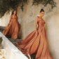 Cinderella Divine BD105 Flowy Satin A-Line Gown with Leg Slit