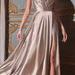 Cinderella Divine BD105 Flowy Satin A-Line Gown with Leg Slit