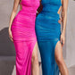 Astee BD7042 Long Ruched Fitted Sheath Gown with Slit