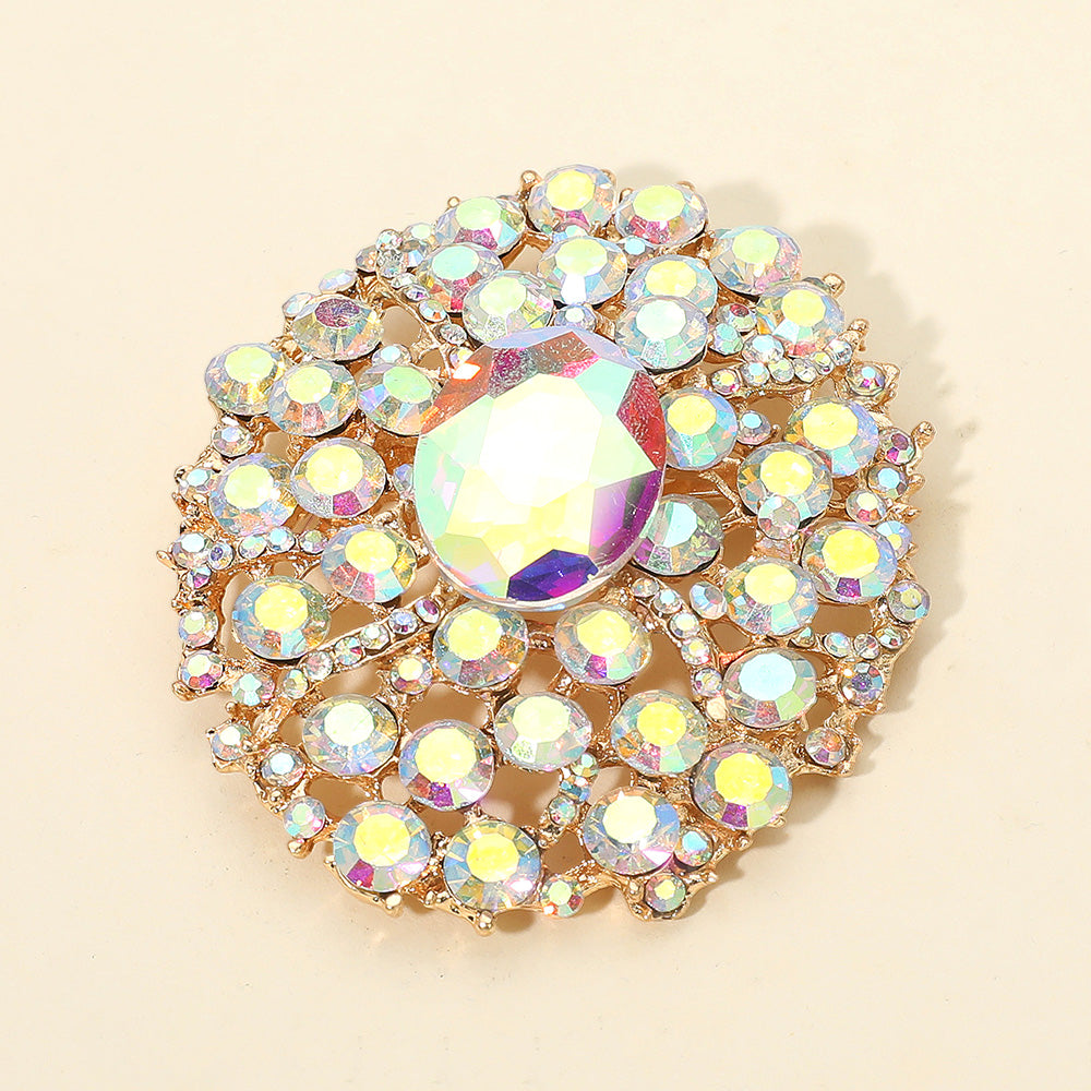 Oval Center Stone Accent Rhinestone Embellished Statement Pin Brooch