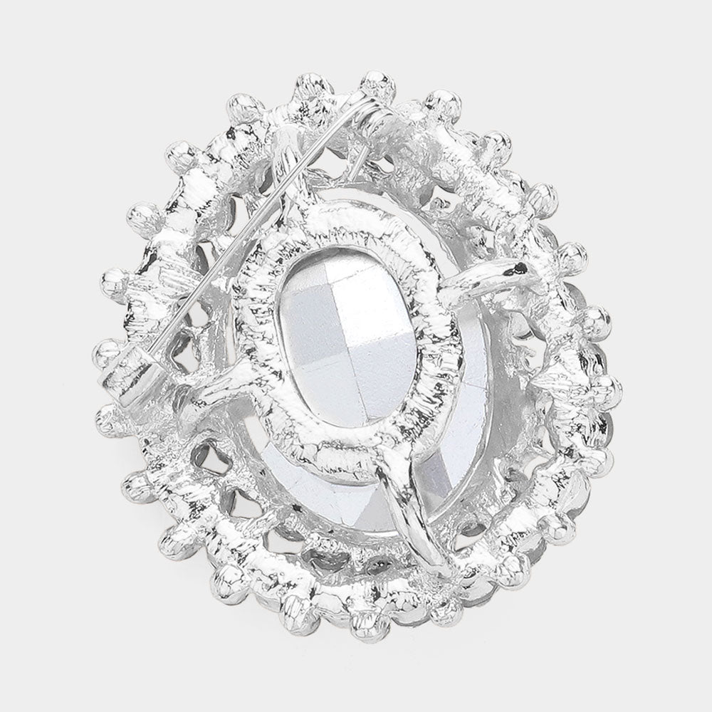 Oval Glass Crystal Double Flower Pin Brooch