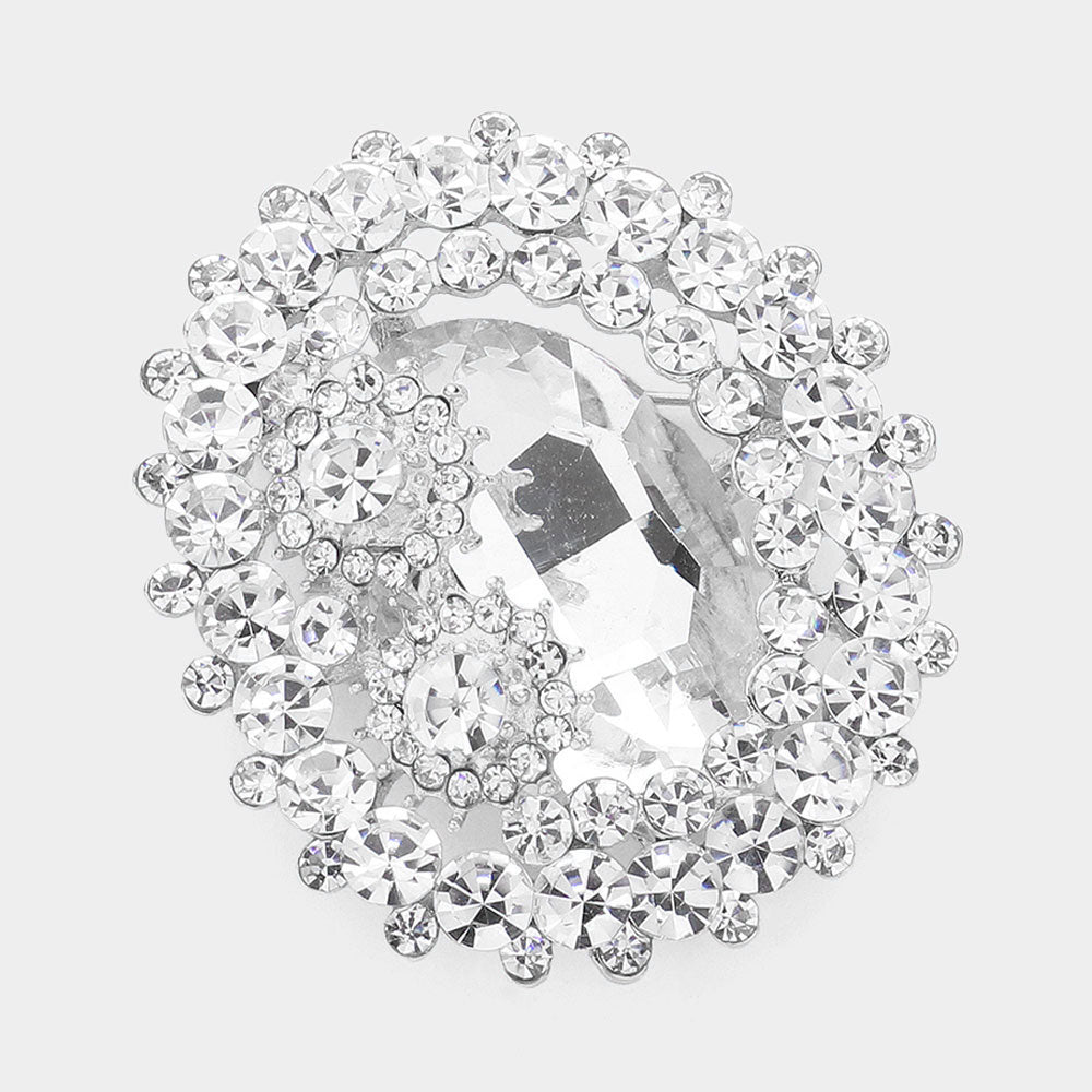 Oval Glass Crystal Double Flower Pin Brooch