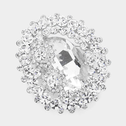 Oval Glass Crystal Double Flower Pin Brooch