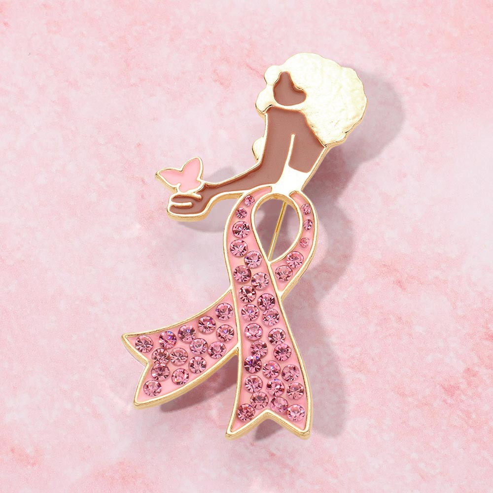 Stone Paved Pink Ribbon Enamel Afro Woman Pin Brooch