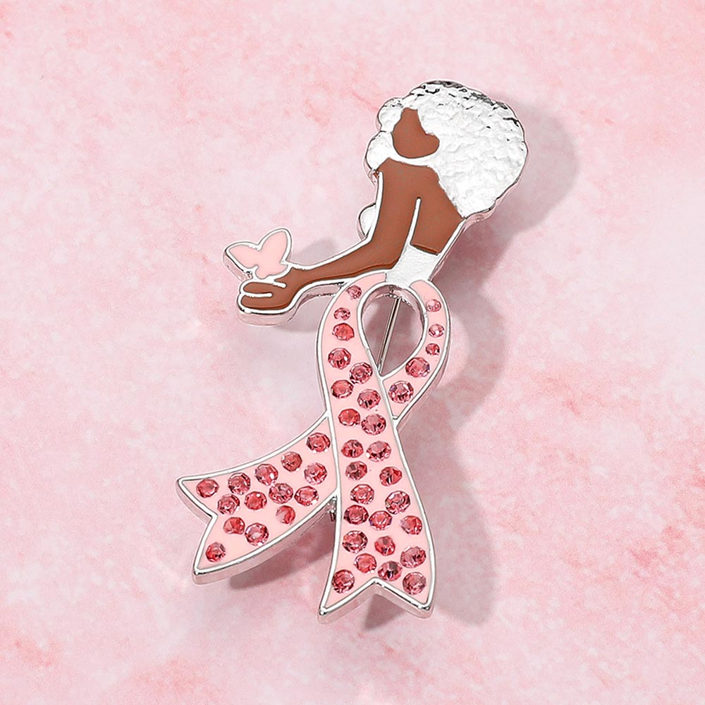 Stone Paved Pink Ribbon Enamel Afro Woman Pin Brooch