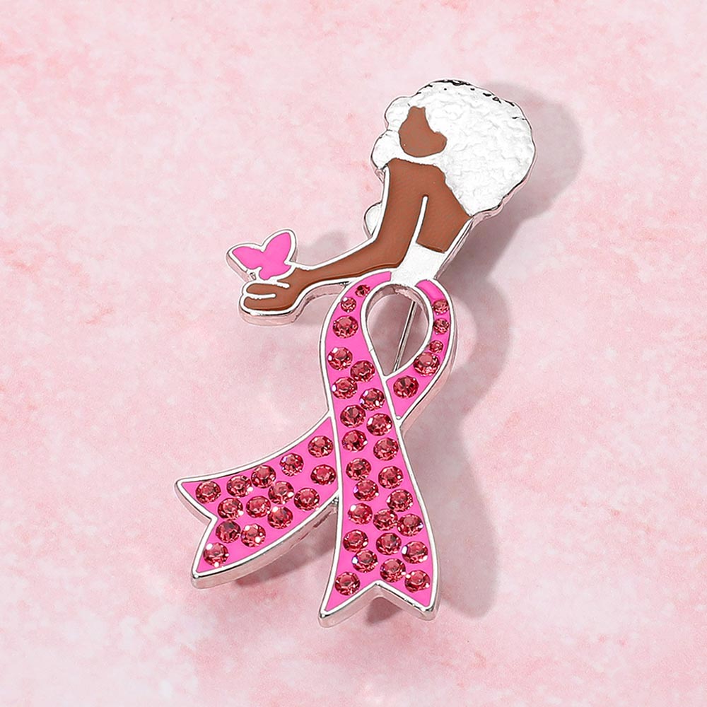 Stone Paved Pink Ribbon Enamel Afro Woman Pin Brooch