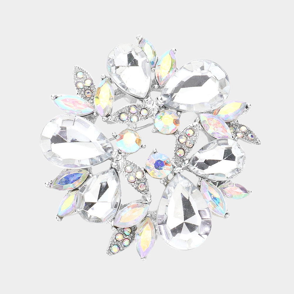 Glass Crystal Teardrop Wreath Pin Brooch