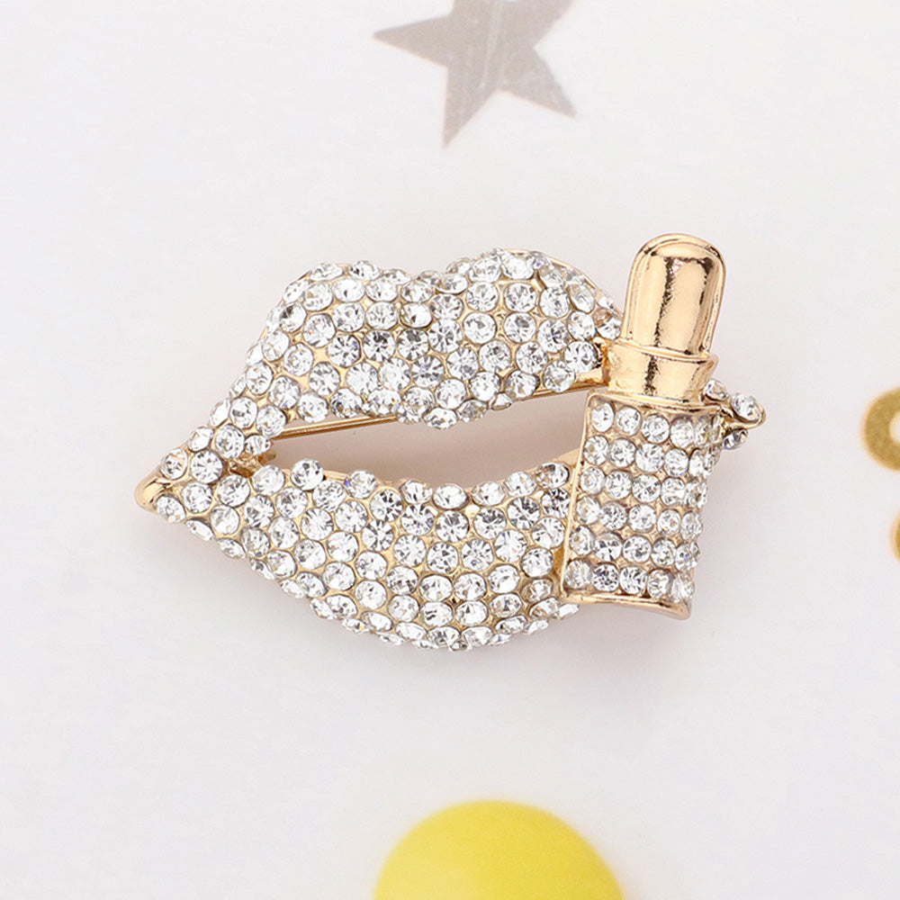 Women's Bling Studded Lip and Lipstick Pin Brooch