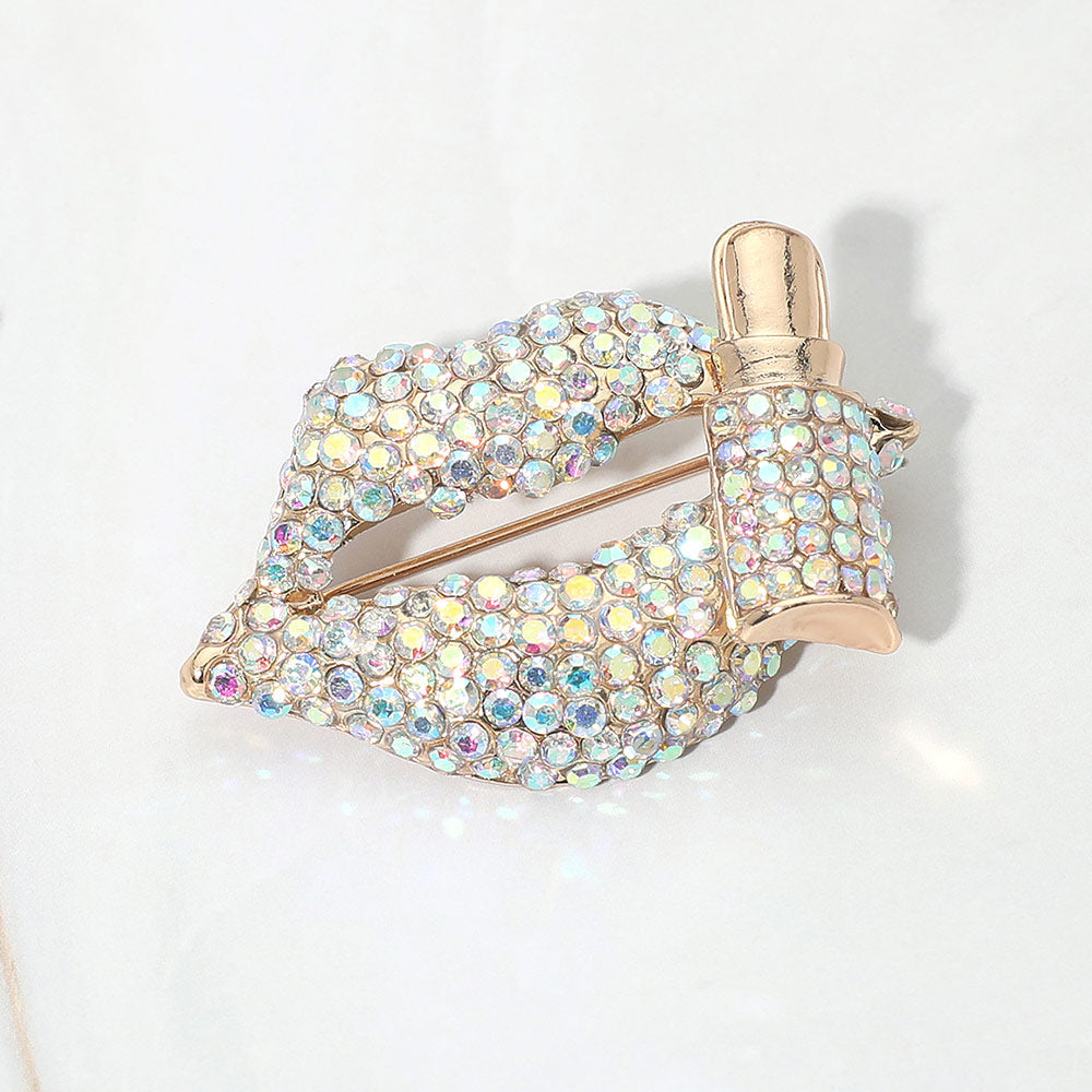 Women's Bling Studded Lip and Lipstick Pin Brooch