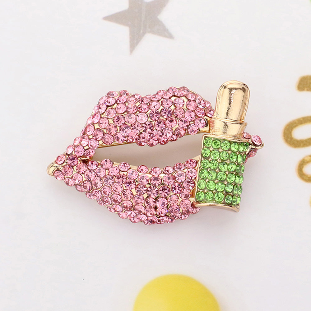 Women's Bling Studded Lip and Lipstick Pin Brooch