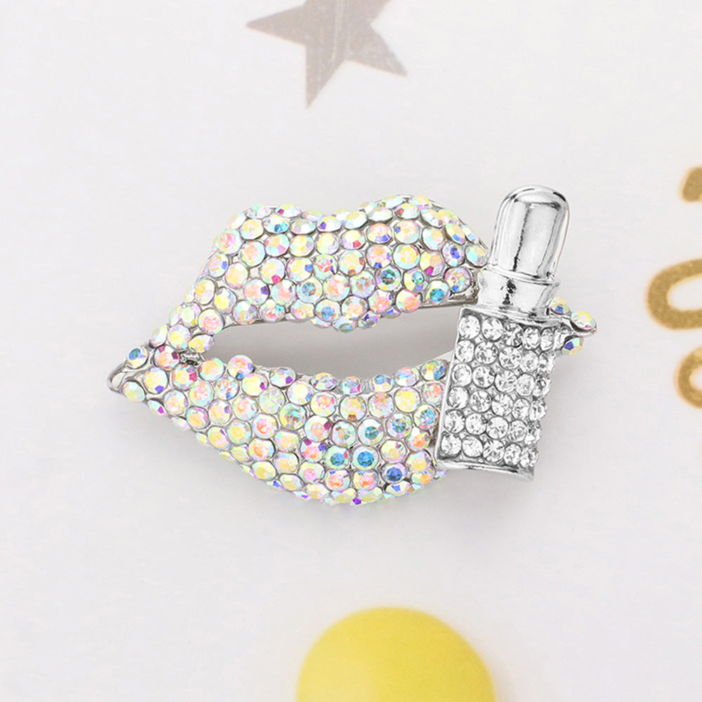 Women's Bling Studded Lip and Lipstick Pin Brooch