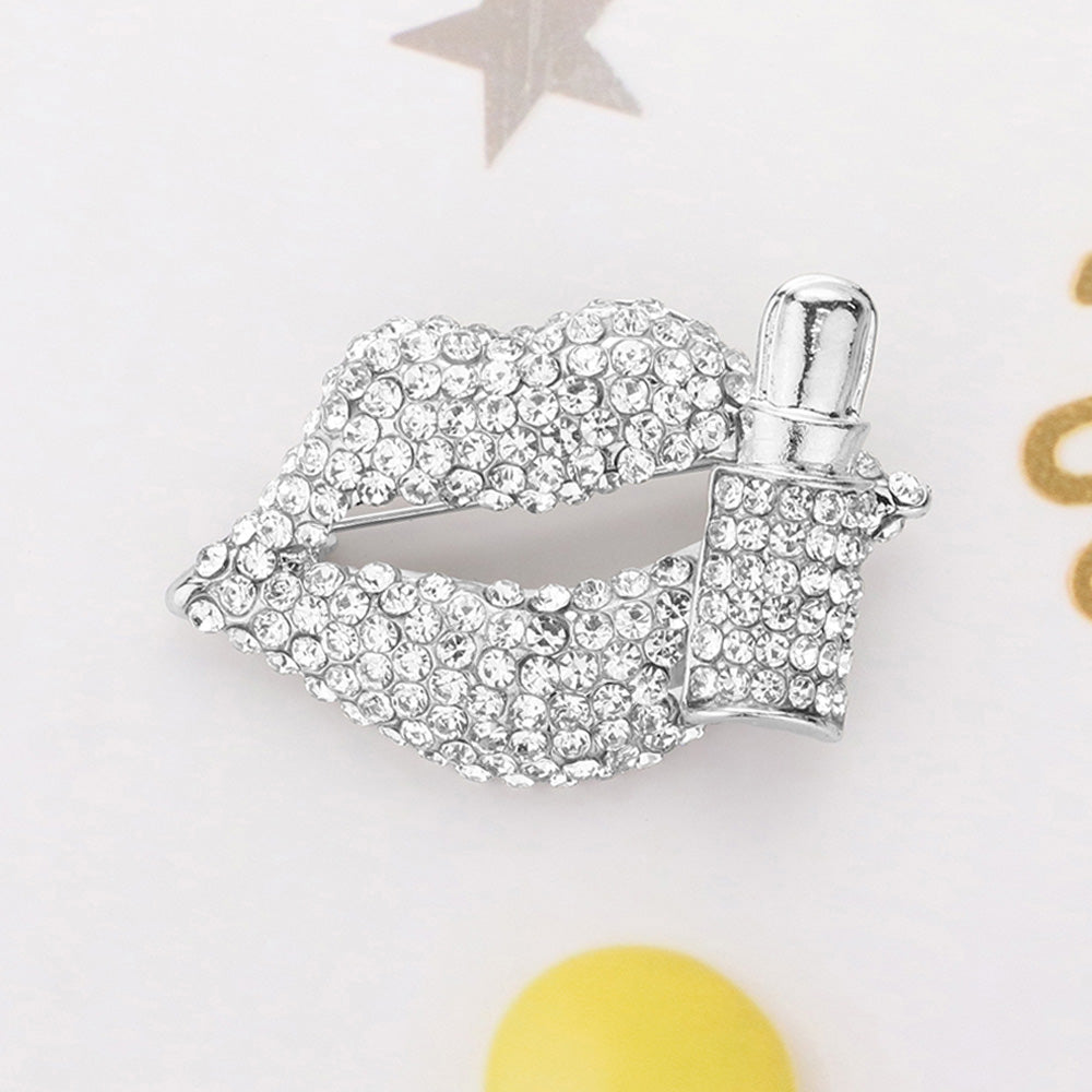 Women's Bling Studded Lip and Lipstick Pin Brooch