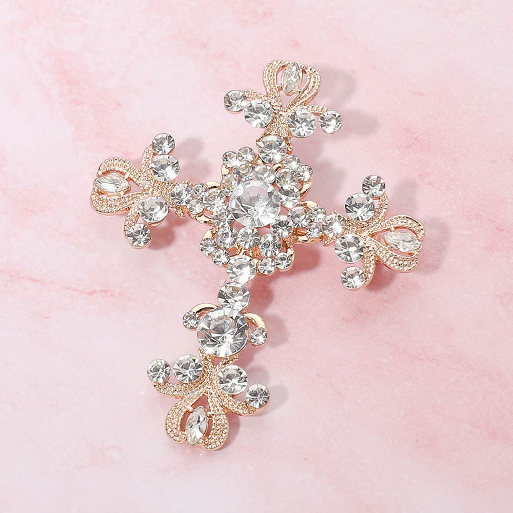 Elegant Stone Embellished Cross Pin Brooch