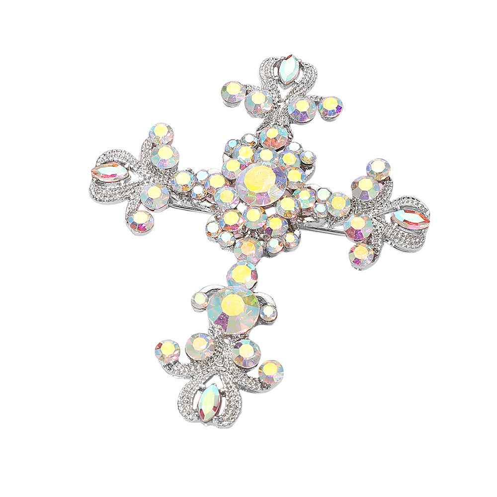 Elegant Stone Embellished Cross Pin Brooch