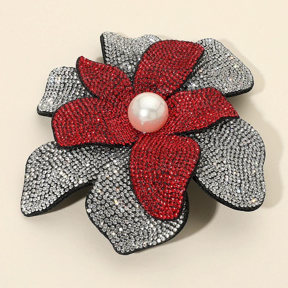 Women's Pearl Accent Bling Studded Flower Pin Brooch Alligator Snap Hair Clip