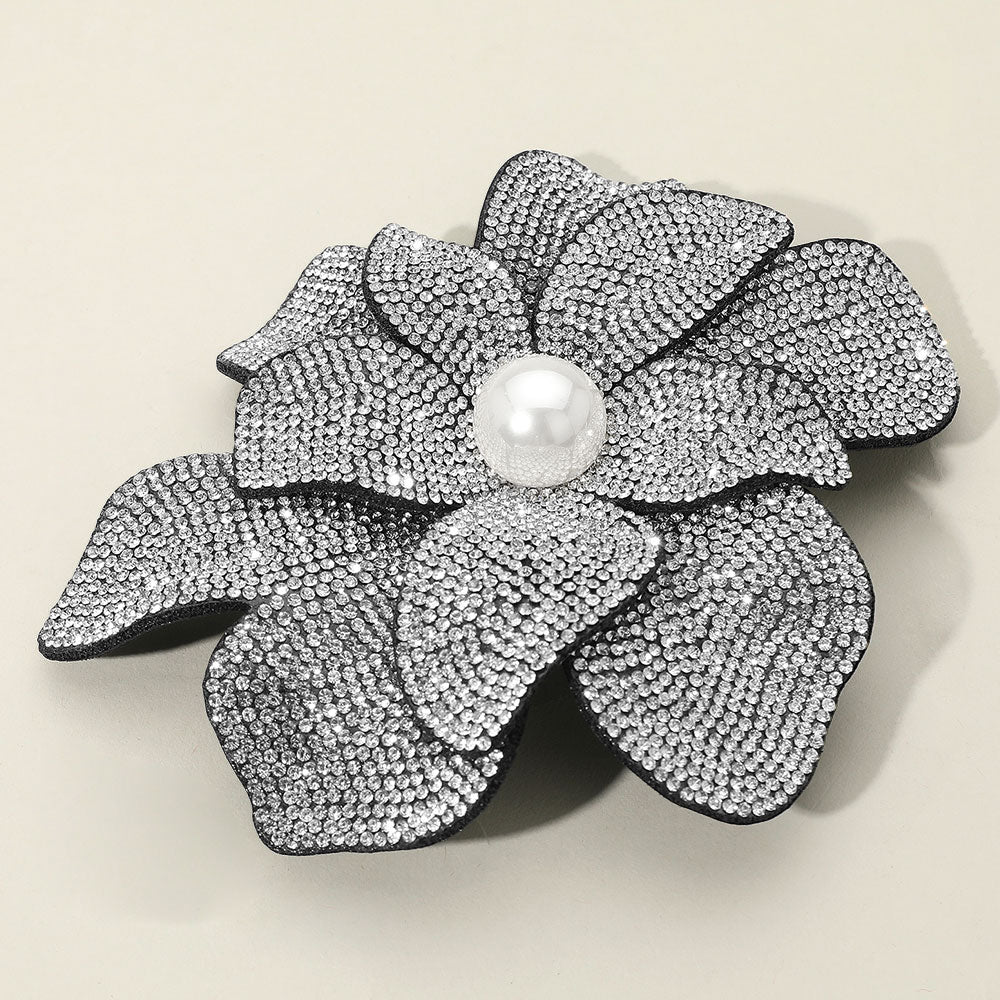 Women's Pearl Accent Bling Studded Flower Pin Brooch Alligator Snap Hair Clip