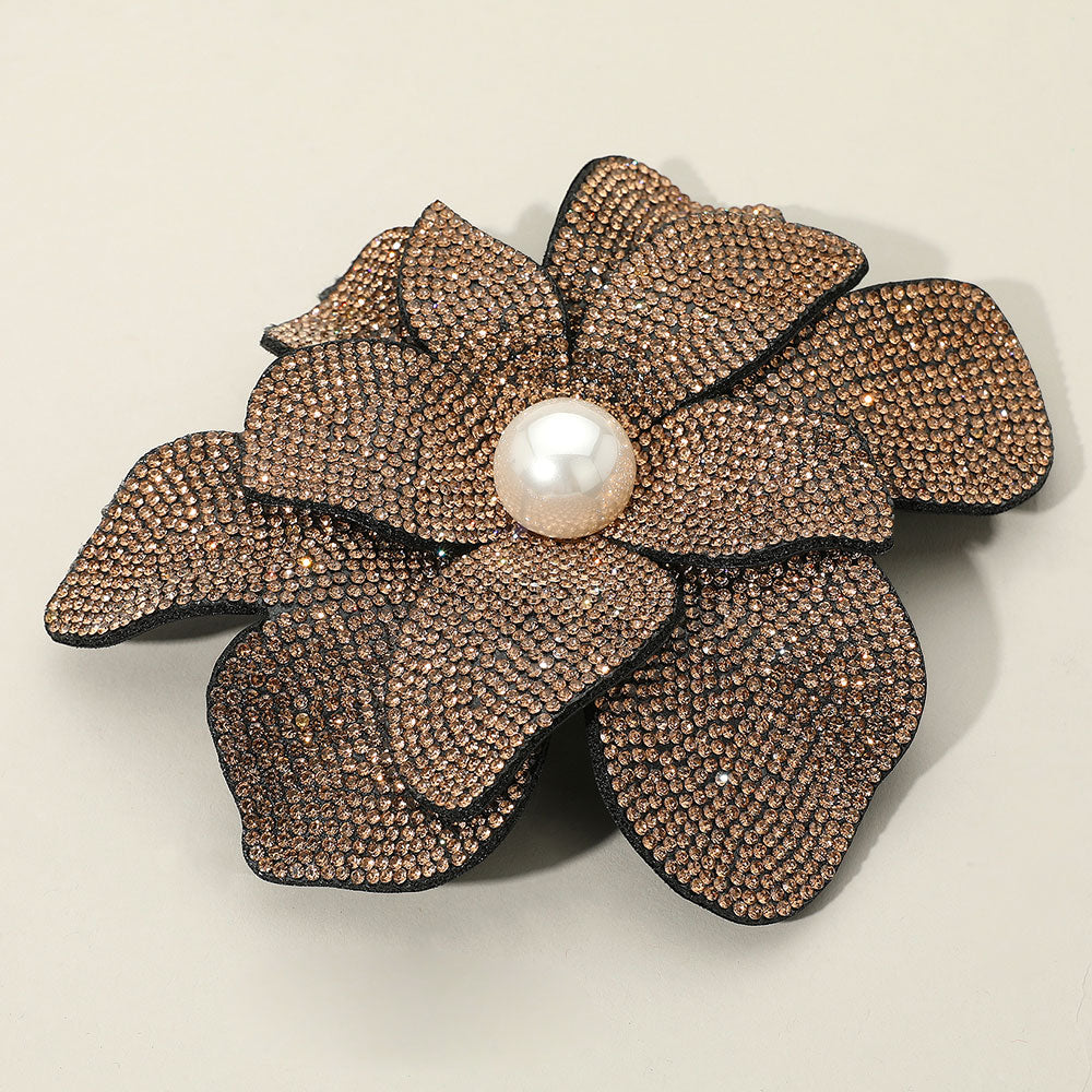 Women's Pearl Accent Bling Studded Flower Pin Brooch Alligator Snap Hair Clip