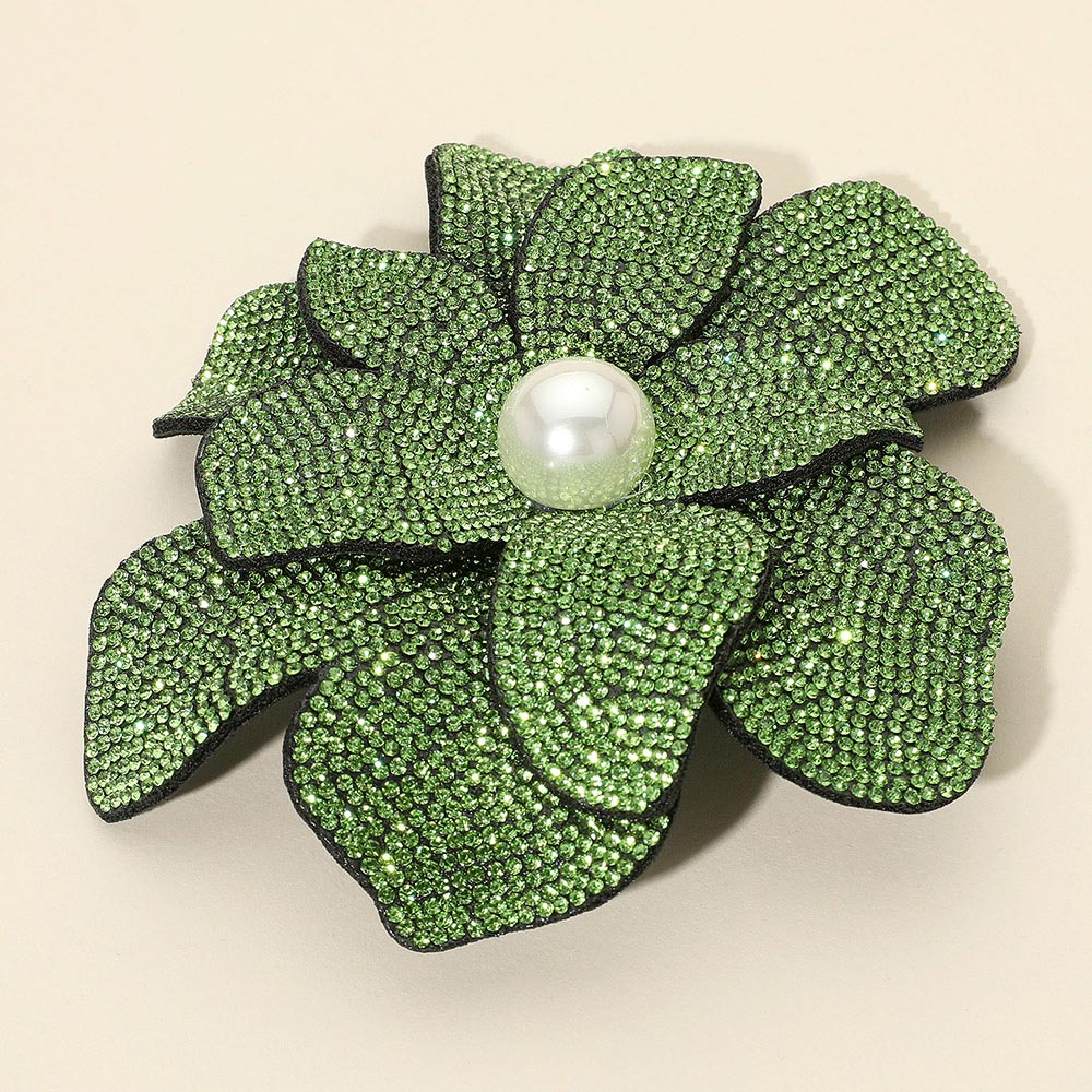 Women's Pearl Accent Bling Studded Flower Pin Brooch Alligator Snap Hair Clip