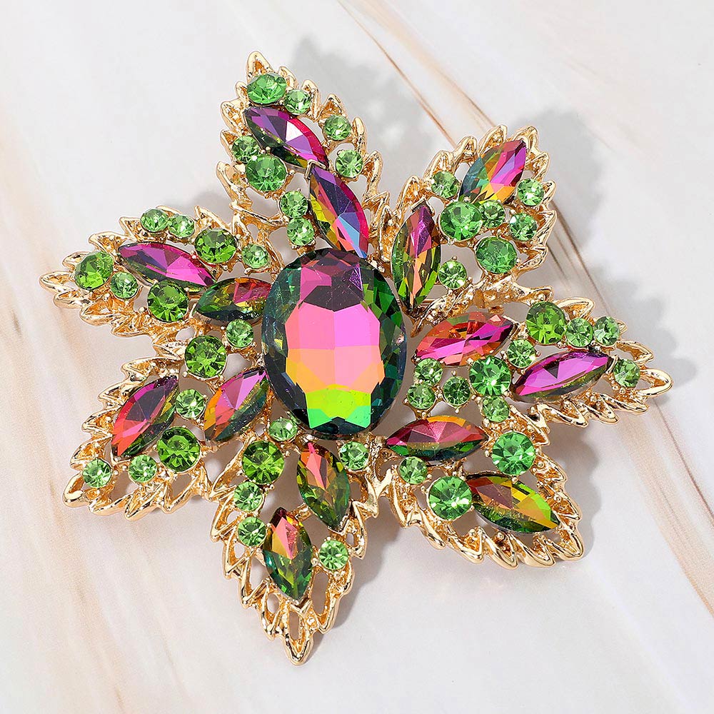 Oval Stone Center Rhinestone Studded Floral Statement Pin Brooch