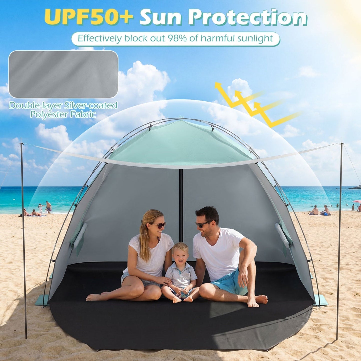 Beach Tent Sun Shelter with Canopy with Extended Floor and Vent Windows