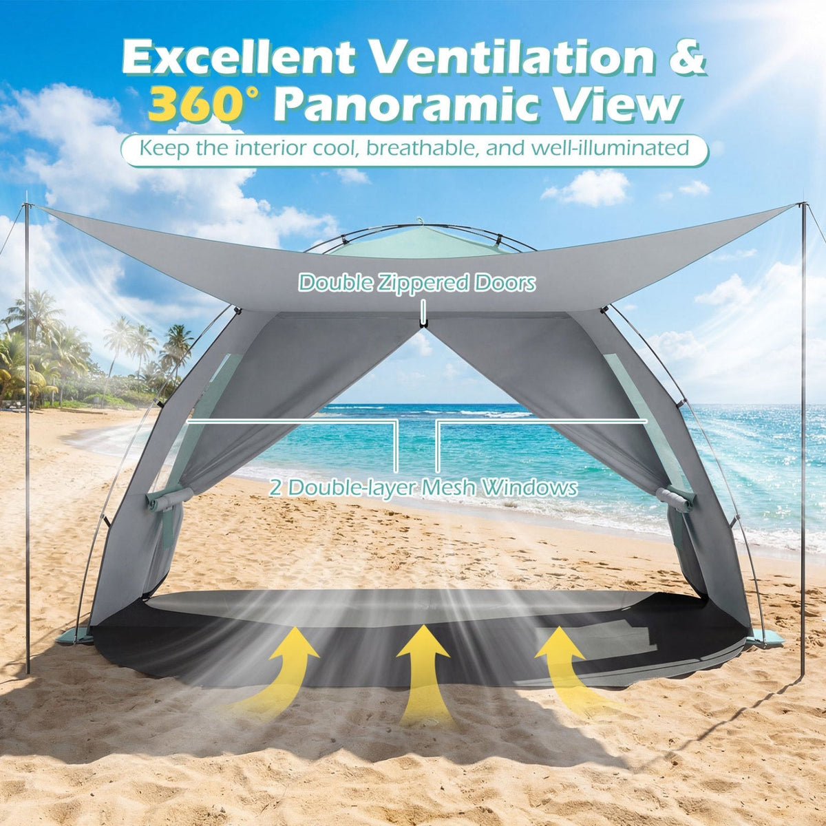 Beach Tent Sun Shelter with Canopy with Extended Floor and Vent Windows