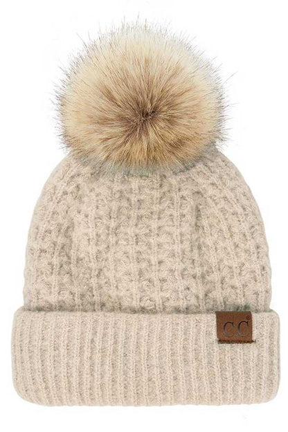 C.C Smocking Stitch Pattern Pom Beanie Hat