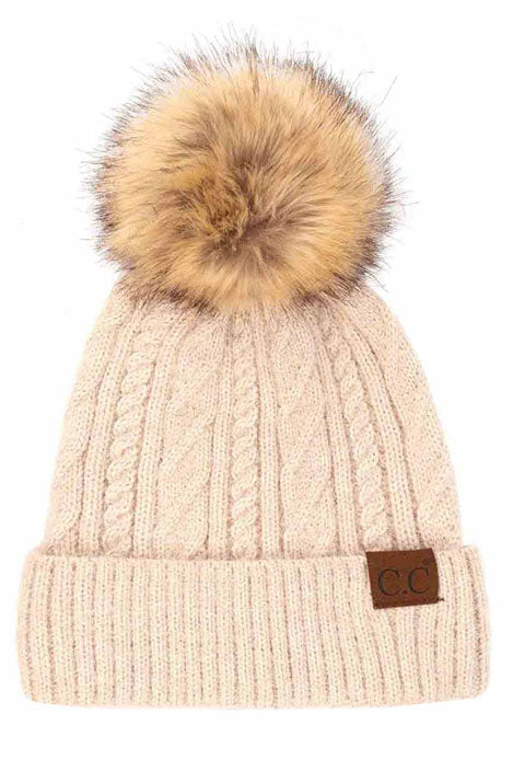 Soft Cuff Cable Knit Fur Pom C.C Beanie