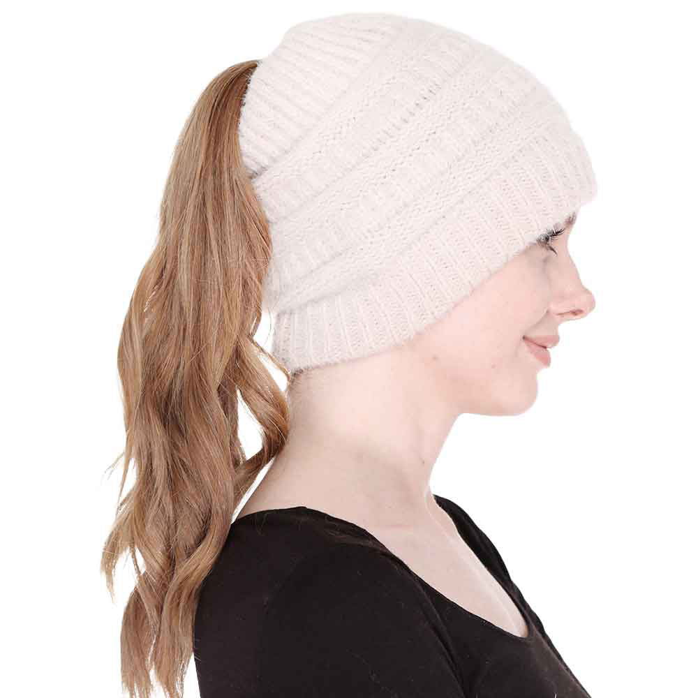 Cable Knit Ponytail Beanie Hat
