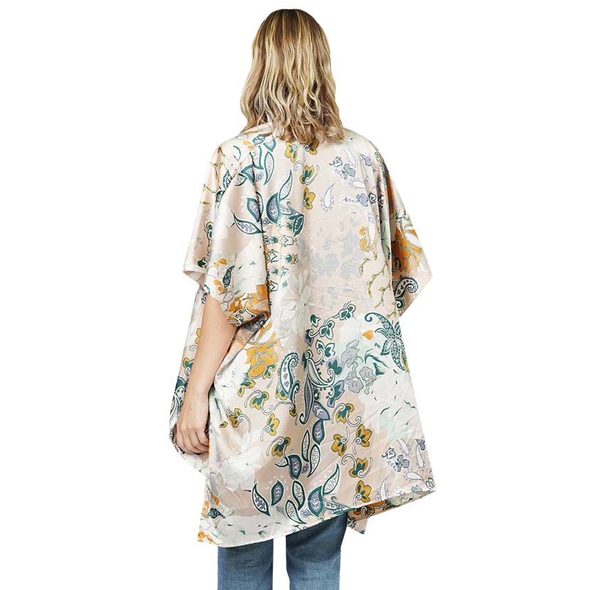 Floral Patterned Satin Cover Up Kimono Poncho