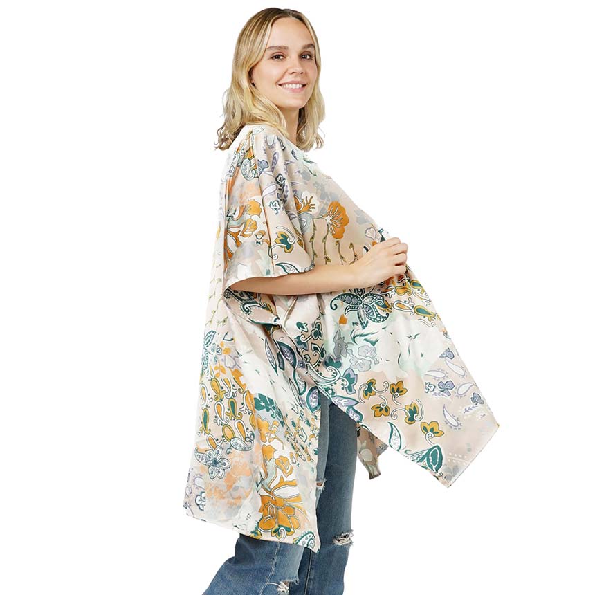 Floral Patterned Satin Cover Up Kimono Poncho