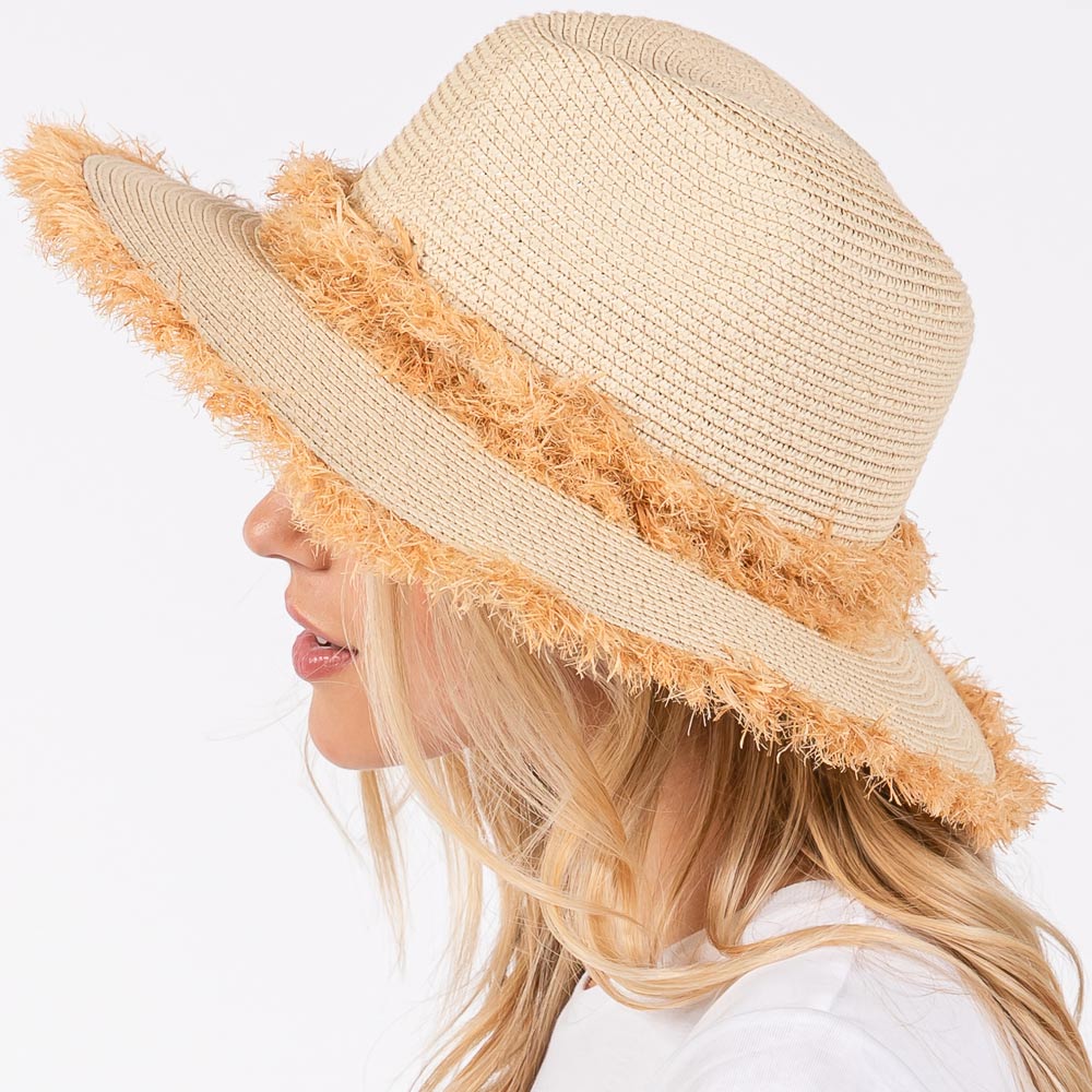 Frayed Band and Trip Straw Sun Hat