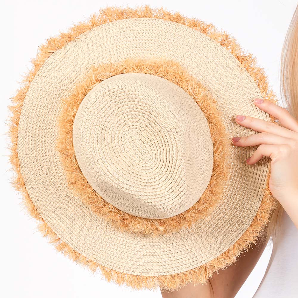 Frayed Band and Trip Straw Sun Hat